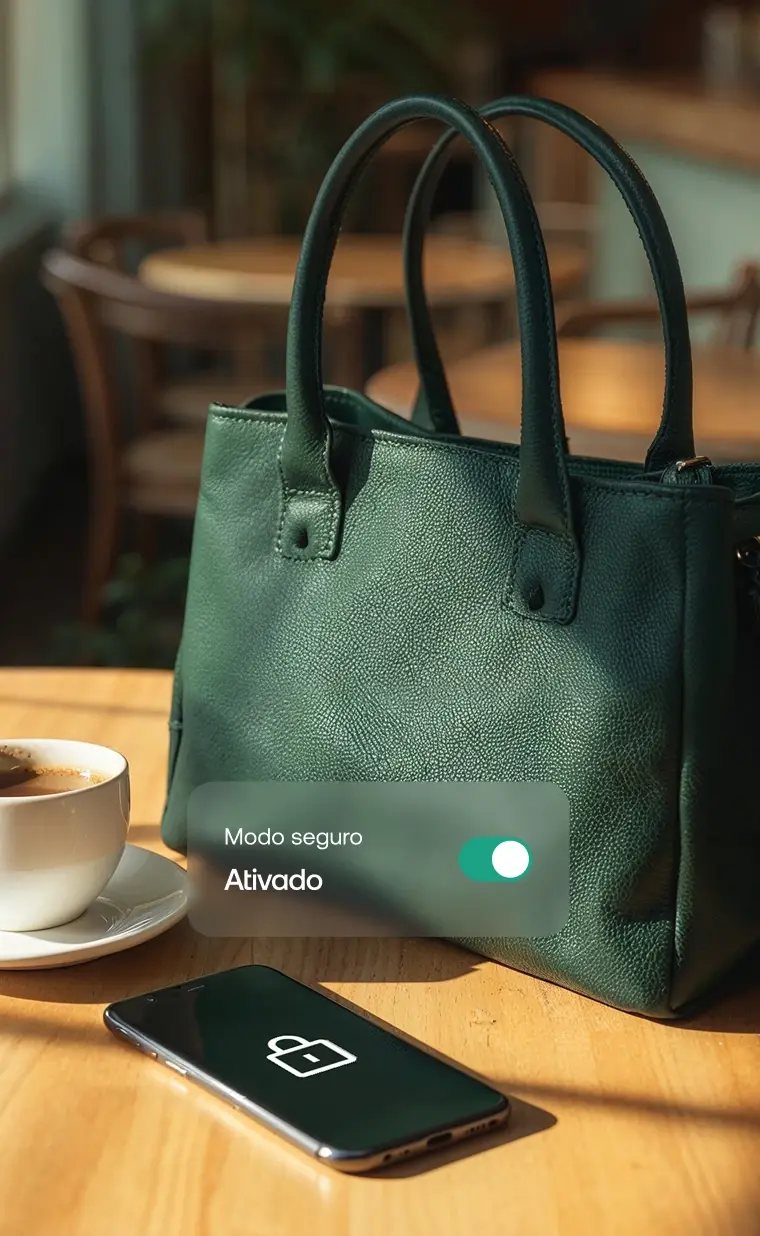 Mesa de café com uma xícara, uma bolsa verde e um celular em modo seguro
