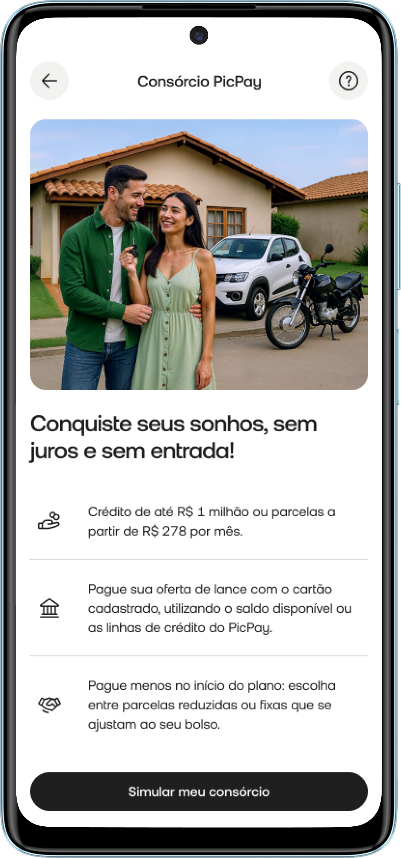 Tela principal PicPay Consórcio