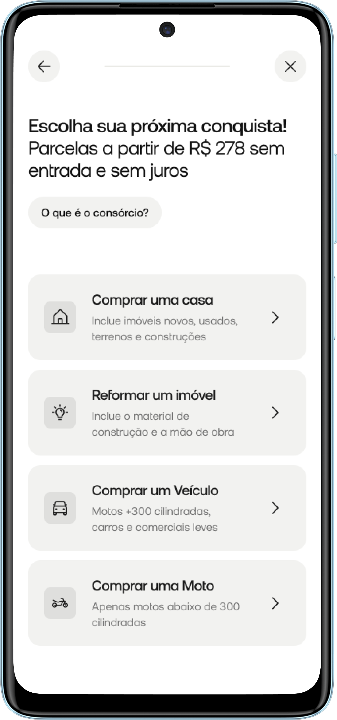 Tela escolha sua próxima conquista