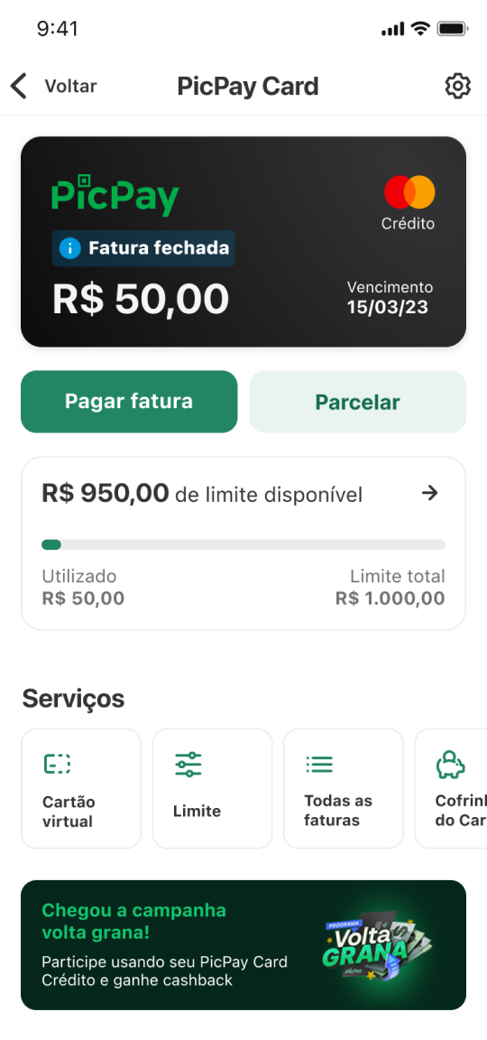 Tela do app cartão de crédito