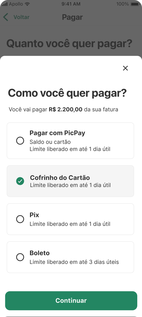 Tela do app, como você quer pagar?