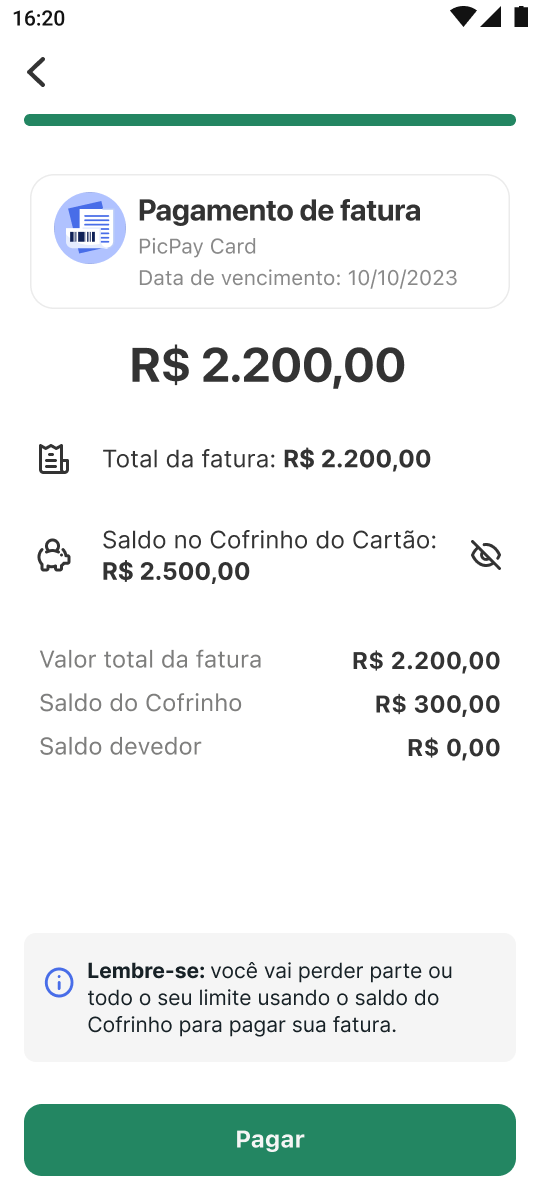 Tela do app, pagamento de fatura