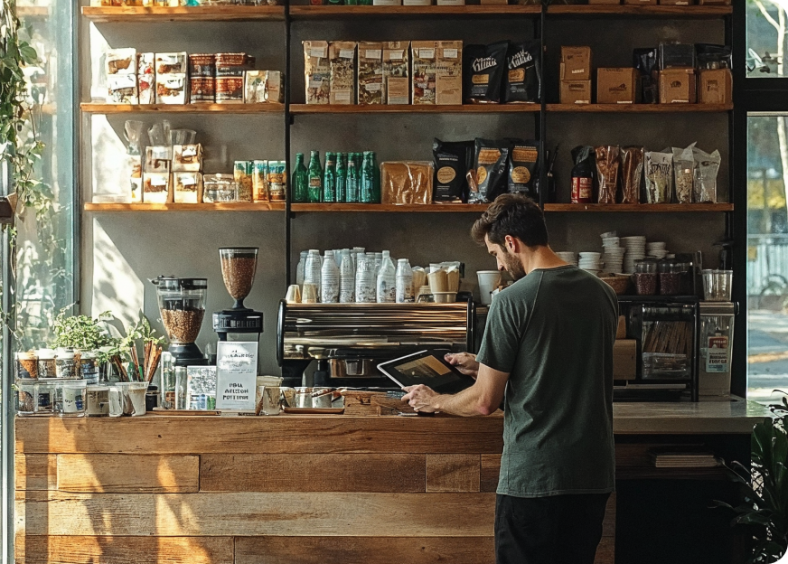 Homem de camiseta verde usando um tablet, em uma cafeteria.