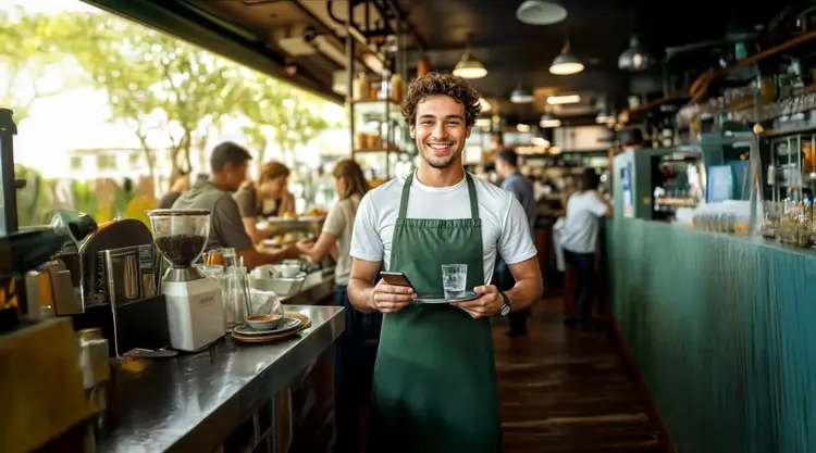 Atendente de café usando avental, segurando uma bandeja e consultando o celular em ambiente de cafeteria.
