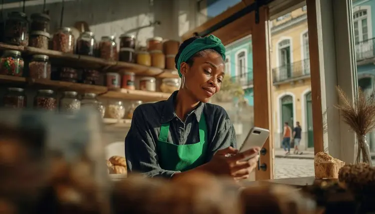 Mulher de blusa verde em uma loja de cerâmica segurando um cartão gold do PicPay.