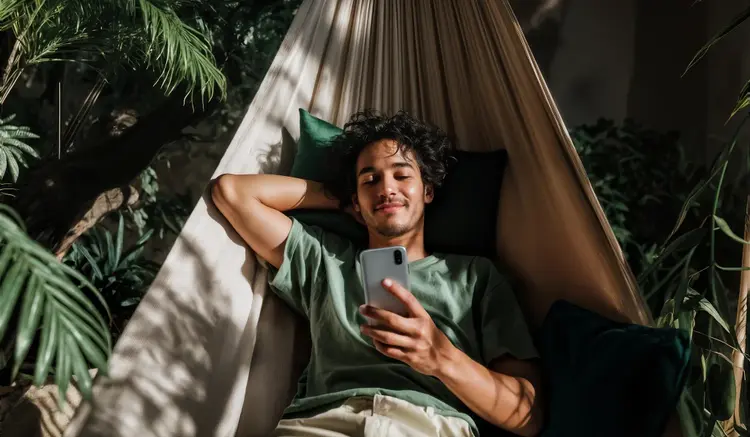 Pessoa deitada em uma rede de tecido claro, em ambiente externo com vegetação ao redor, segurando um smartphone com uma das mãos.