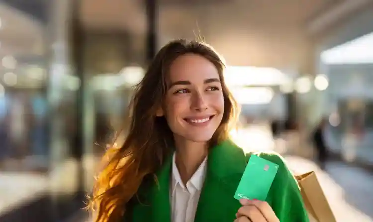 Pessoa em ambiente externo segurando um cartão PicPay na mão direita.