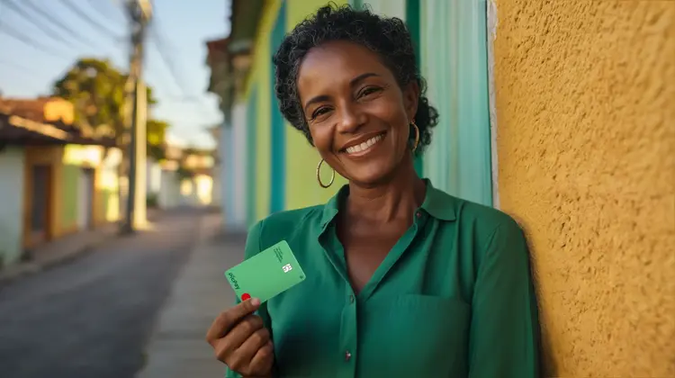 Pessoa em ambiente externo urbano, encostada em uma parede de cor quente, segurando um cartão PicPay com uma das mãos.