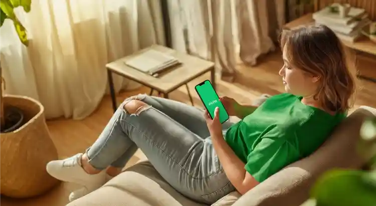 Pessoa sentada em um sofá, em ambiente interno, segurando um smartphone com o logo do PicPay.
