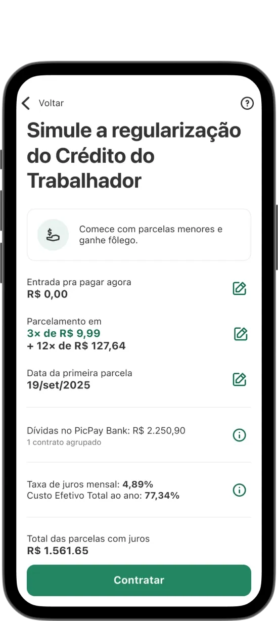 Tela de celular com a simulação da regularização do crédito do trabalhador