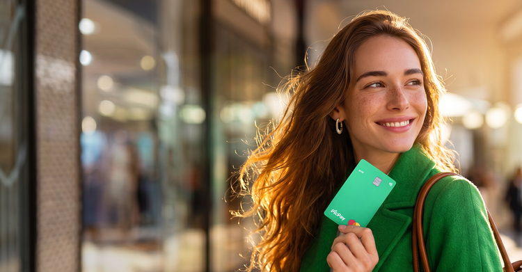 Mulher de casaco verde em ambiente externo segurando um cartão PicPay na mão direita.
