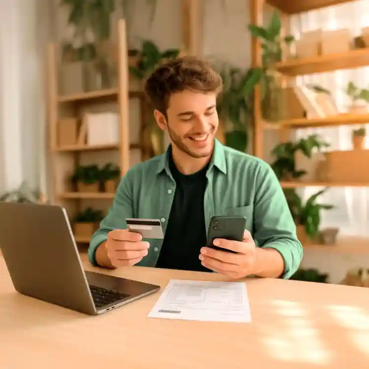 Homem sorrindo com cartão, celular e notebook.