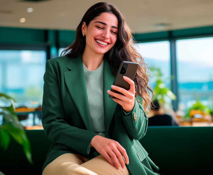 Profissional sentada em escritório com celular na mão e blusa verde, sorrindo durante o trabalho, simbolizando gestão empresarial, tecnologia e controle financeiro digital.