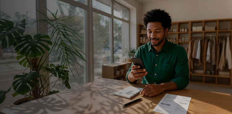 Empreendedor utiliza smartphone para gerenciar finanças e pagar contas sobre mesa de madeira com boleto, caneta e caderno de anotações.