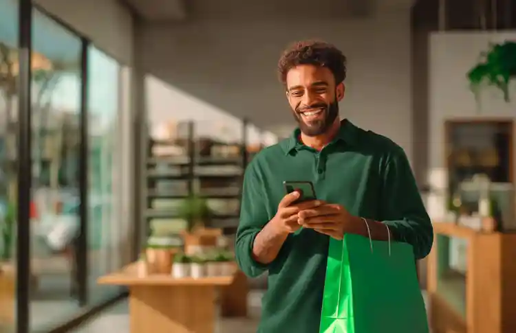 Pessoa em ambiente interno segurando um smartphone com uma mão e uma sacola de compras verde com a outra.