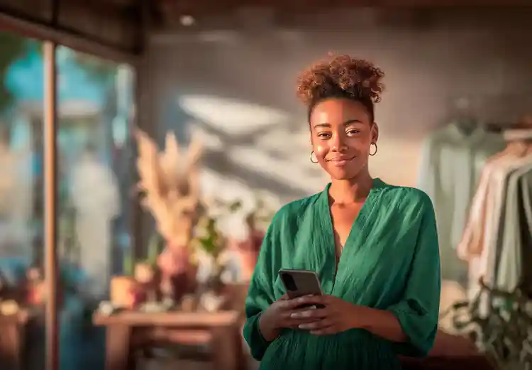 Profissional em ambiente comercial utilizando o celular, com araras de roupas ao fundo.