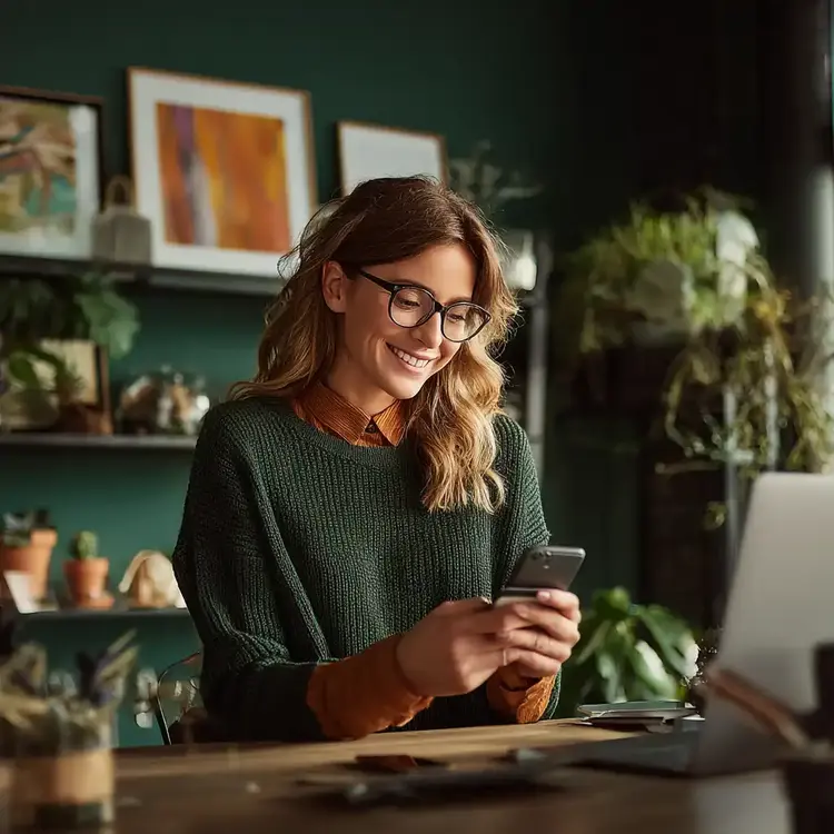 Mulher sorrindo enquanto usa o celular.